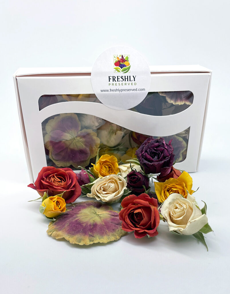 Freeze dried edible mini roses and mixed flower petals